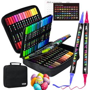IVSUN Acrylic Paint Pens, 60 Colors Dual Tip Paint Markers with Fine Tip and Brush Tip for Stone, Wood, Canvas, Calligraphy, Ceramic, Metal, Glass, Rock Painting, DIY Crafts Art Supplies Kit