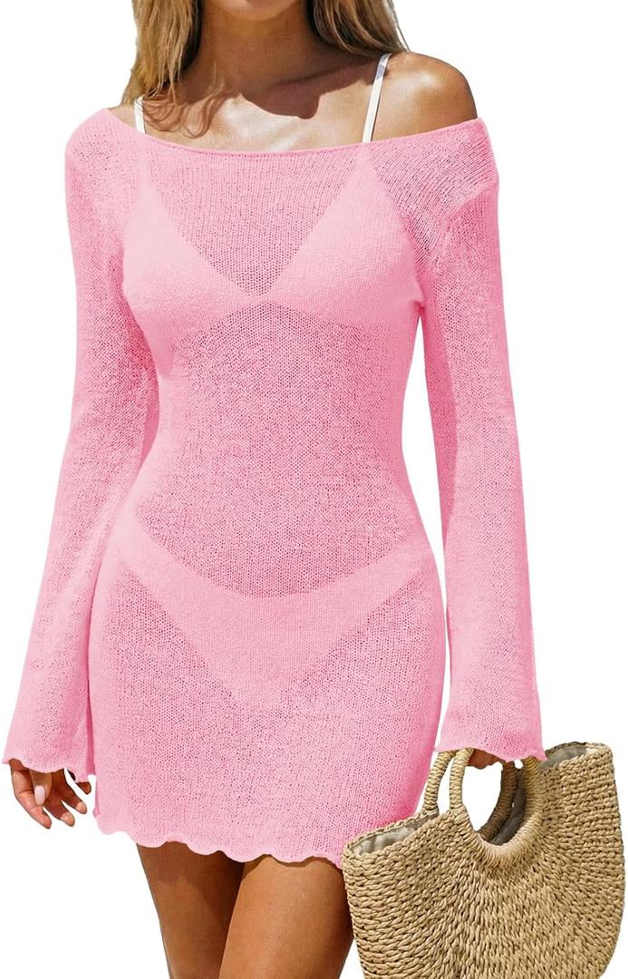 Saodimallsu Womens Swimsuit Cover Up Long Sleeve Sheer Mesh Knit Mini Dress Backless Tie Summer Beach Vacation Outfits (Small, Pink)