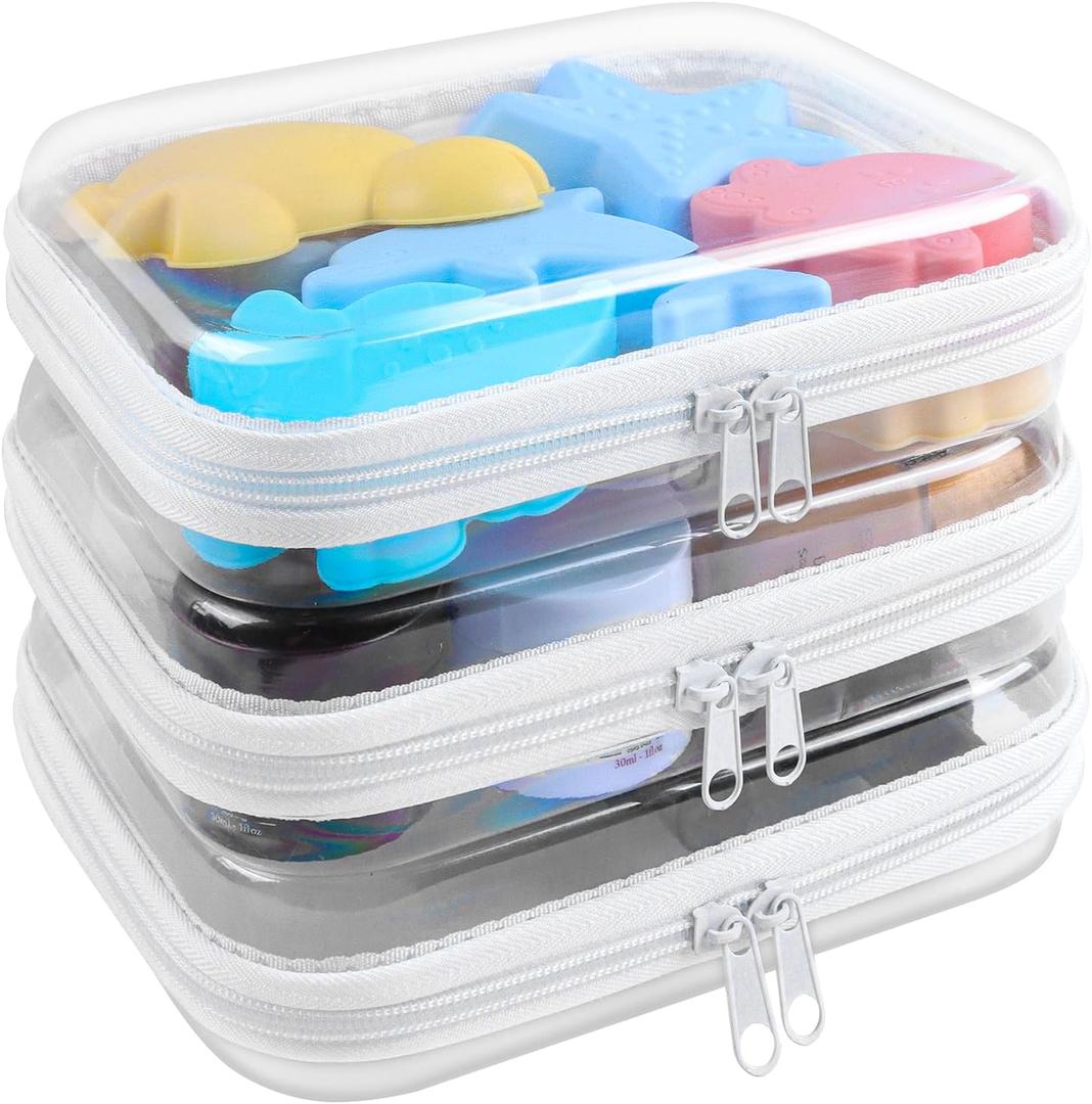 Clear Hard Shell Zipper Case 3 Pack Transparent Storage Box Containers Makeup Pouches for Small Item Waterproof Cosmetic Organizer Bags for Travel Toiletries (White,10"x 8")