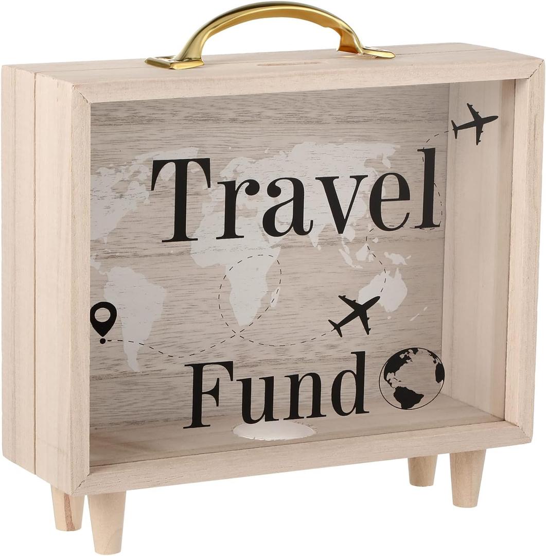 Vesici Travel Fund Box Vacation Decorative Savings Box Suitcase Wooden Money Coin Bank for Adults Vacation Wedding, 8 x 7.3 x 2.8 Inch(Travel Fund)