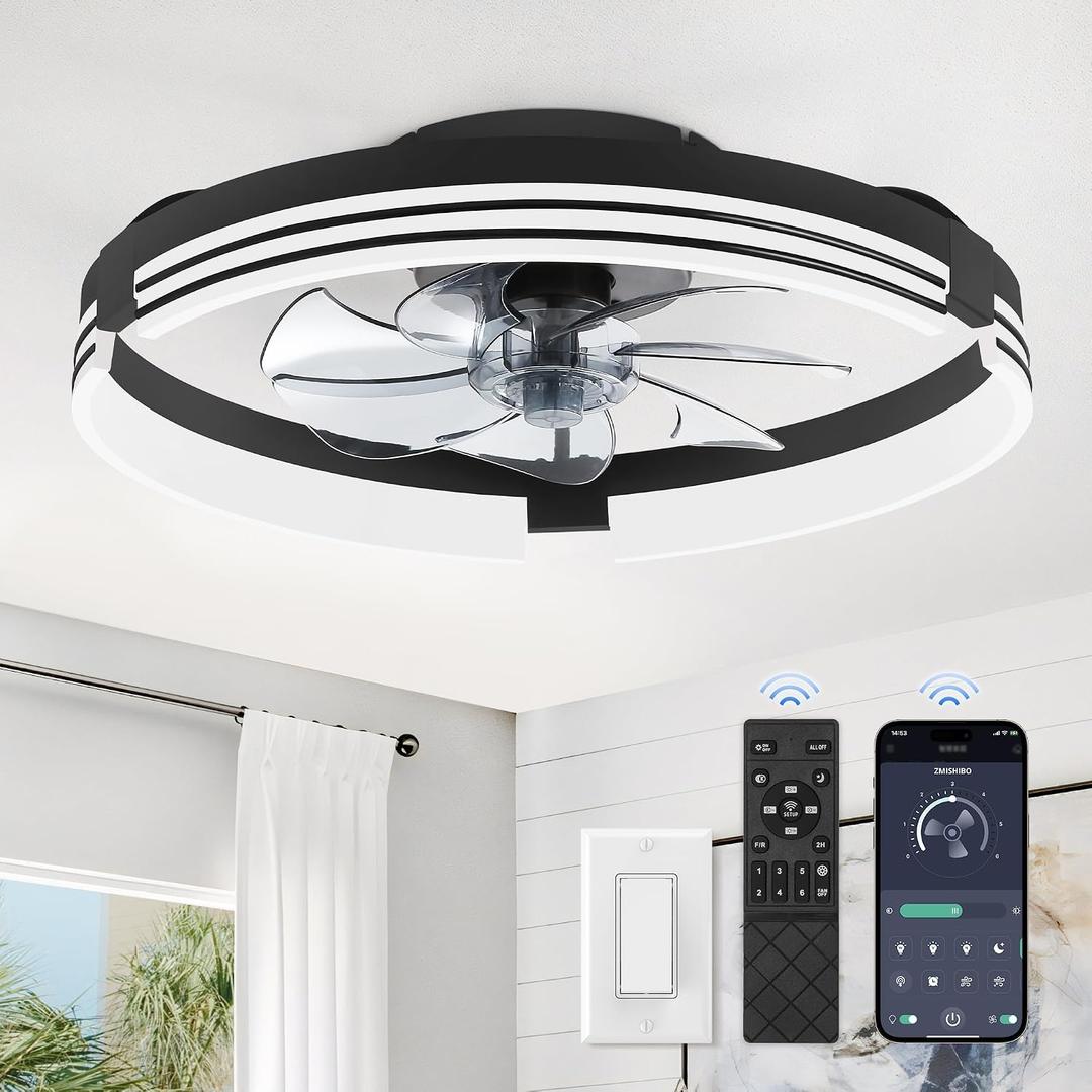 ZMISHIBO Low Profile Ceiling Fans with Lights and Remote, 20 Inch Flush Mount Ceiling Fan with Light, 3000K-6000K Dimmable Fandelier LED Fan Light, 6 Wind Speeds Black Ceiling Fans for Bedroom