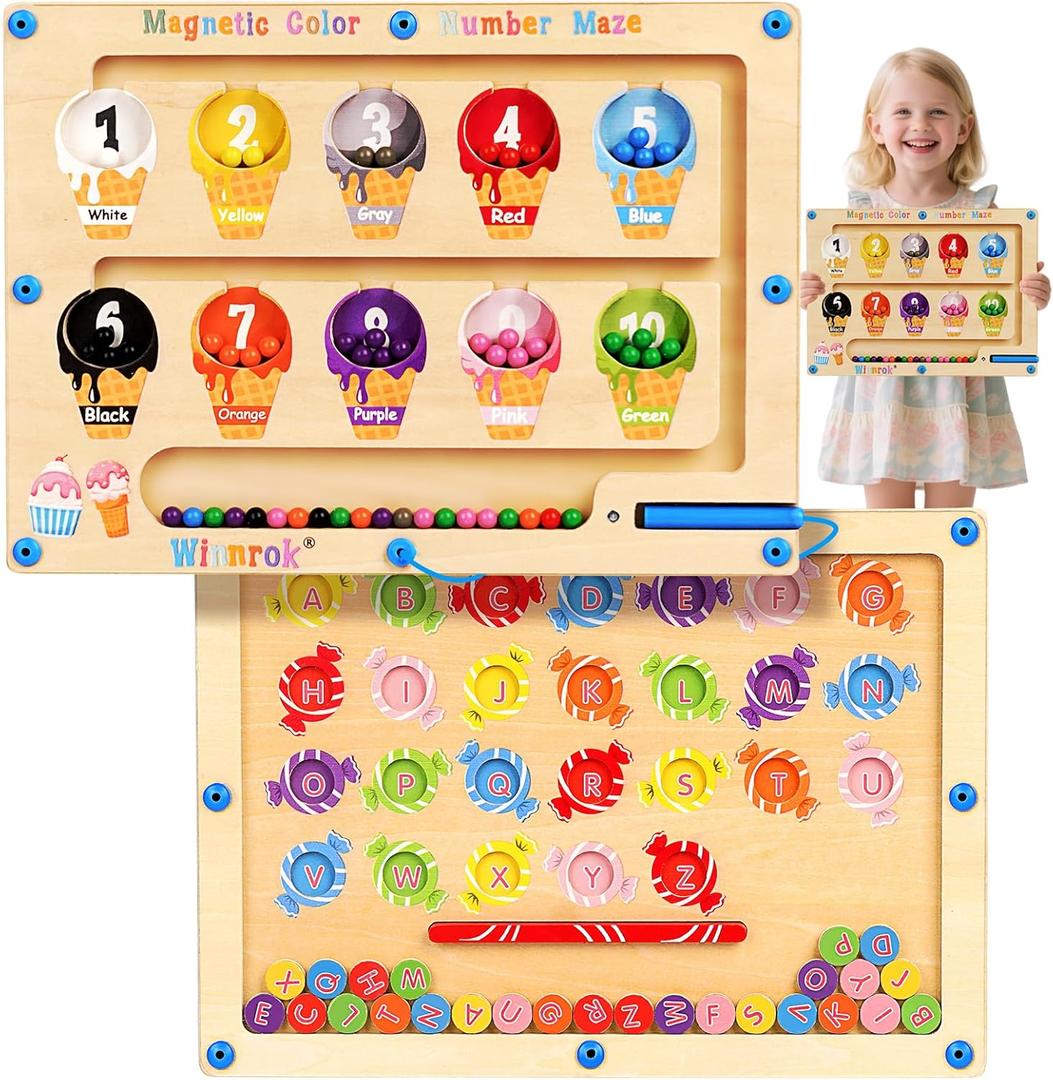2 in 1 Magnetic Color and Number Maze, ABC Alphabet Puzzles Board Magnet Ice Cream Toys, Montessori Educational Magnet Puzzle, Preschool Learning Counting Toys for 2 3 4 5 Birthday Gifts