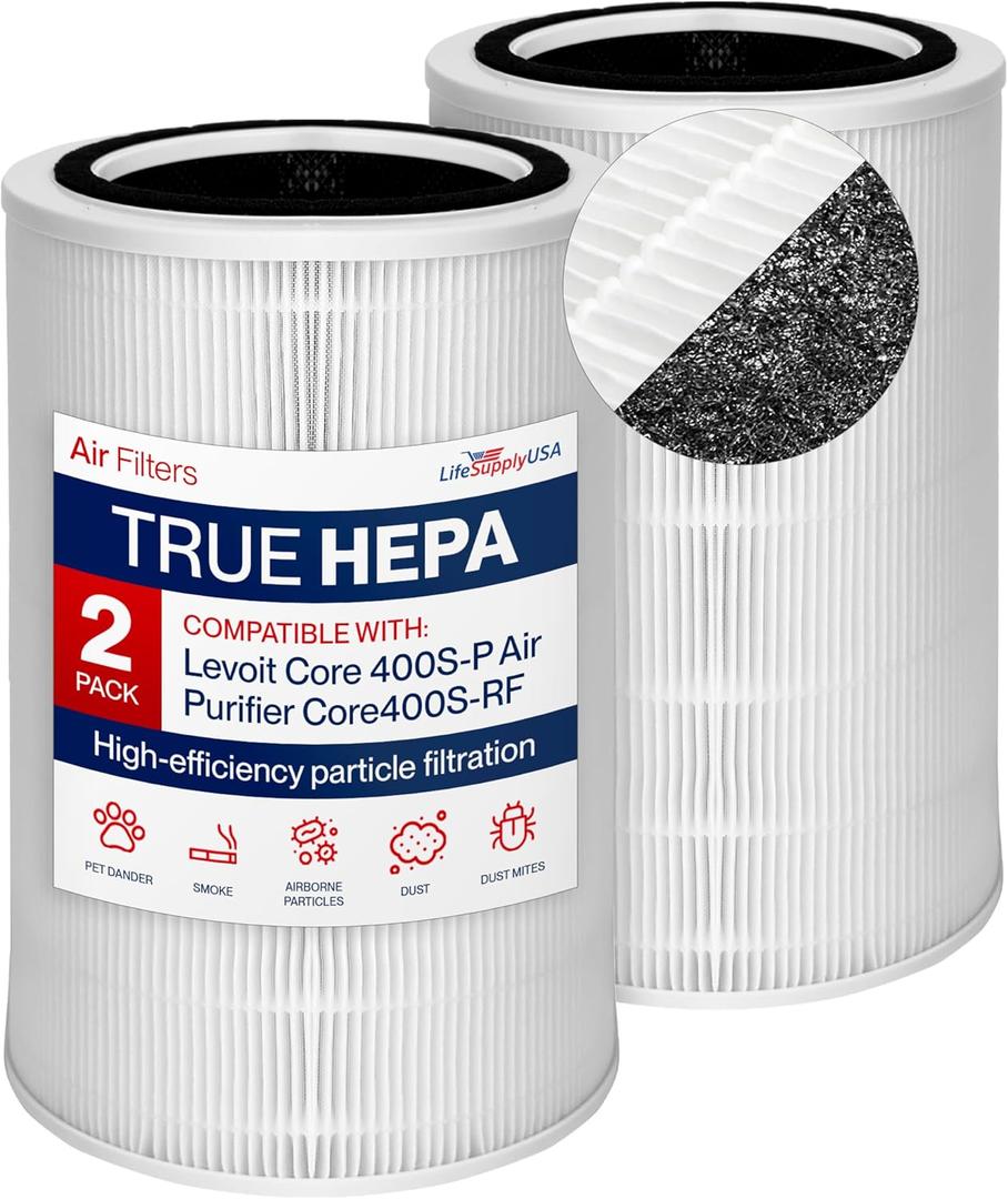 Core 400S True HEPA Replacement Filter Compatible With LEVOIT Core 400S-P & Core400S-RF Smart Air Purifier 3-in-1 Activated Carbon by LifeSupplyUSA (2-Pack)