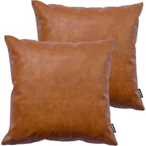 Faux Leather Throw Pillow Covers 20x20 inch Set of 2 Thick Cognac Brown Large Decorative Modern Boho Farmhouse Bedroom Living Room Square Cases for Couch Bed Sofa