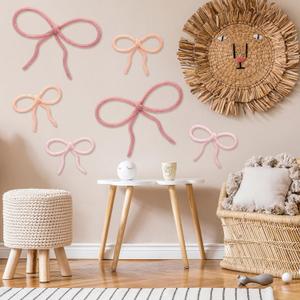 Barydat 6 Pcs Boho Bow Wall Decor Pink Bow Nursery Decoration Coquette Room Decor Woven Macrame Wall Hanging 2 Size Pink Preppy Decoration for Nursery Dorm Girls Room Art (4.53/5.91 Inch)