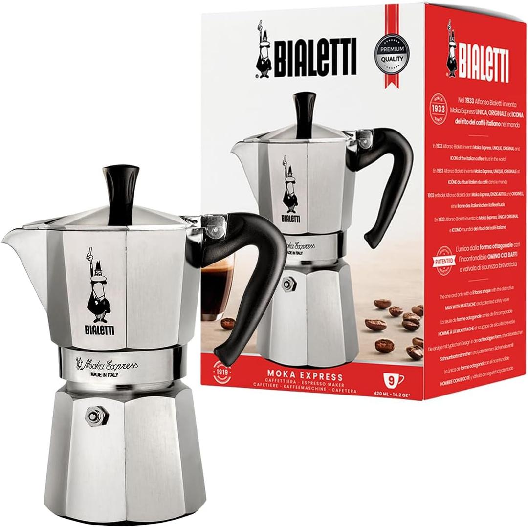 Bialetti - Moka Express: Iconic Stovetop Espresso Maker, Makes Real Italian Coffee, Moka Pot 9 Cups (14 Oz - 420 Ml), Aluminum, Silver