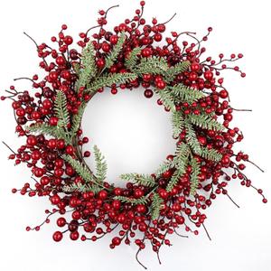 Yawwind 20 Inches Red Christmas Wreaths Farmhouse Christmas Wreaths for Front Door Classic Red Berry Wreath Winter Holiday Wreath with Fir Pine Needle for Doors Window Indoors Porches Outside