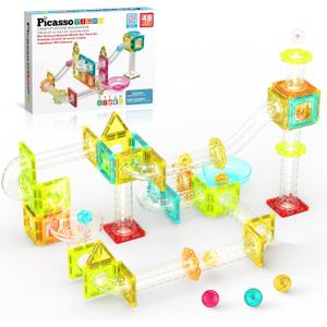 PicassoTiles Magnet Tiles Building Block Travel Size Magnetic Marble Run Construction Toy Set Mini Diamond Marble Racetrack Building Blocks Playset Education STEM Learning Kit Boy Girl 3+ PTMG45