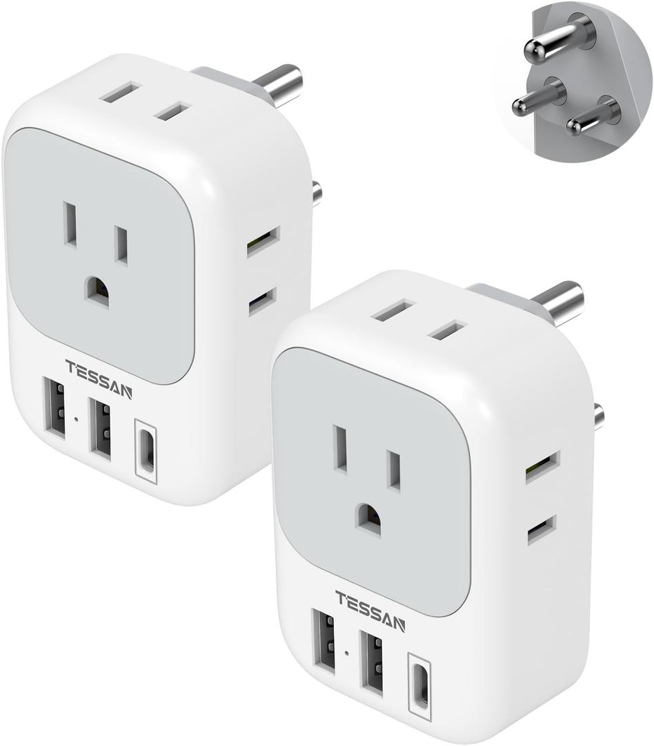 India Plug Adapter 2 Pack, TESSAN Type D Travel Adapter with 4 Outlets 3 USB Charger (1 USB C Port), US to Indian Outlet Adaptor for USA to Bangladesh, India, Kuwait, Maldives