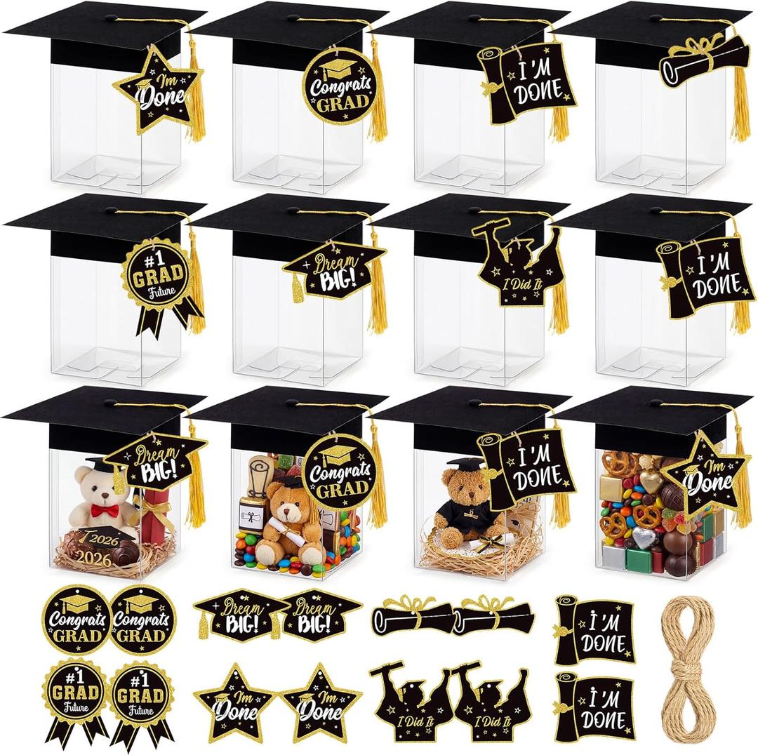 Dunzoom 12 Pcs 2026 Graduation Party Favors Candy Gift Boxes Clear Mini Graduation Cap Jars with Tassel Congrats Grad Cap Box with Cards Rope for College Graduate Party Decor(4.7 3.6 6.4 Inch)