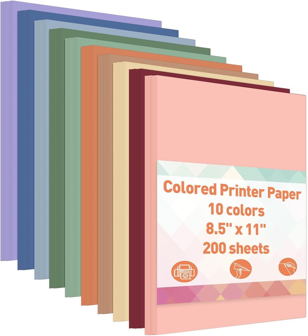 MAXECHO 8.5" x 11" Bulk Colored Copy & Print Paper, 200 Sheets 10 Assorted Colors Printer Paper Computer Paper Suitable for Origami, Crafts, DIY Projects, 80 GSM