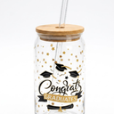 4 Pcs Glass Cups with Lids and Straws with Design Graduation Clear 16 oz Drinking Set Glass Tumbler Cute Design Iced Coffee Cups for Congrats Grad Party Gifts 