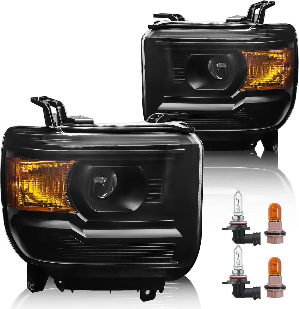 Headlight Assembly Compatible with GMC Sierra 2014-2018 1500 | 2015-2019 2500HD/3500HD Base/Denali/SLE/SLT, Halogen Headlamp Replacement W/O LED DRL, With Bulbs, Black Housing Amber Reflector