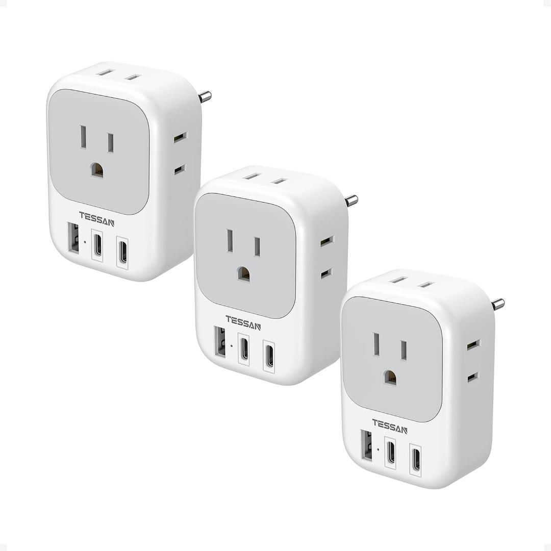 3 Pack European Travel Plug Adapter, TESSAN Type C Charger Plug with 4 Outlets 3 USB (2 USB-C), US to Europe Plug Adapter for Italy, Spain, France, Portugal, Greece, Iceland, Travel Essentials