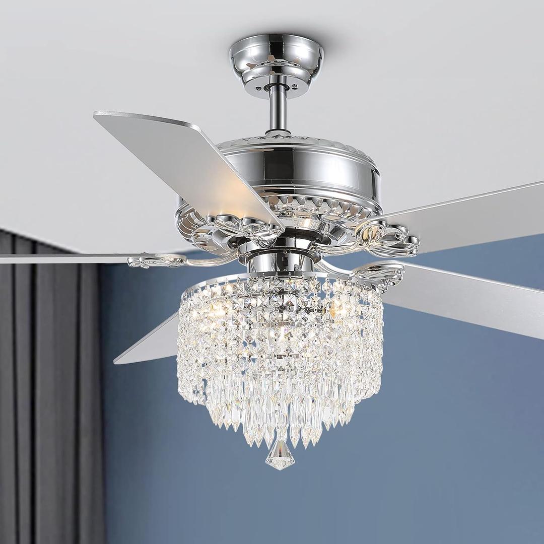 Crystal Ceiling Fan with Lights Modern Chandelier Fan with Remote Chrome Reversible Fan Light Fixture for Bedroom Dining Room 52", D52