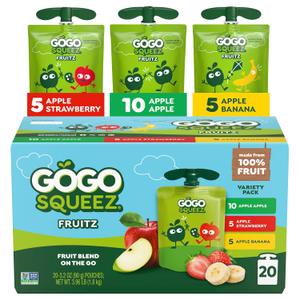 GoGo squeeZ No Sugar Added Applesauce and Fruit Puree Variety Pack, Apple, Banana & Strawberry, 3.2 oz Pouches (Pack of 20), Fruit Snacks for Kids, Gluten Free, Nut Free, Recloseable Cap, BPA Free (EXP 09/07/26)