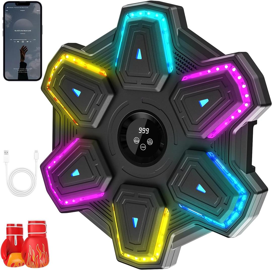 Upgraded Music Boxing Machine for Adults and Kids, Smart Bluetooth Boxing Trainer with Gloves, Wall Mounted Electronic Music Punching Machine with 9 Modes & 9 Speeds, for Home, Office, and Gym Workout, Rainbow Flowing 