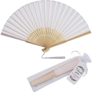 50 Sets Imitated Silk Hand Fan with Tassel and Organza Bags and Thank You Tags Fabric Handheld Folding Fans Bamboo Frame Bridal Dancing Props Wedding Party Favors (White)
