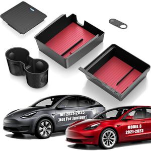 5Pcs Center Console Organizer Tray Compatible for Tesla Model Y Accessories 2025 2024-2021 Armrest Hidden Drawer Storage Box Cup Holder (Not Compatible for Model 3 Highland & Model y Juniper)-red