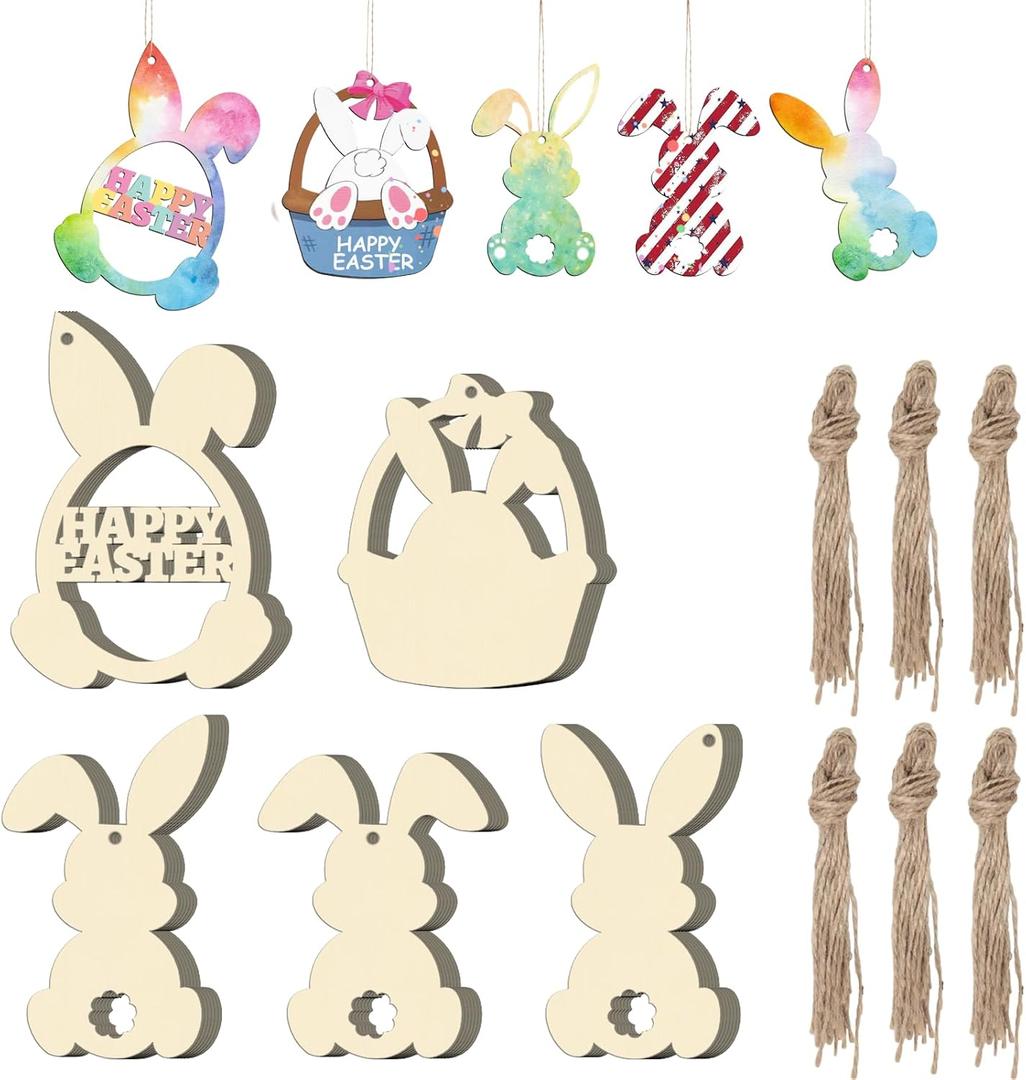 2 x 30Pcs Paintable Wooden Easter Bunnies Ornaments Unfinished Wood Cutouts for Crafts DIY Bunny Egg Rabbits Painting for Crafts Hanging Wood Slices Spring Party Decoration