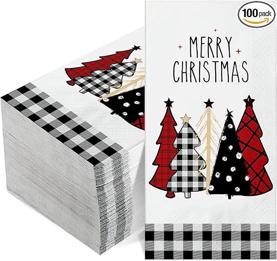 100 Pieces Christmas Napkins Bulk Holiday Disposable Paper Guest Hand Towel Christmas Tree Cocktail Napkins or Home Winter Kitchen Xmas Party(Dark Plaid)