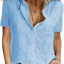 Womens Button Down Shirts Cotton Summer Tops V Neck Short Sleeve Shirt Collar Blouse Casual Plain Tshirt Work Tops (Small, Blue)