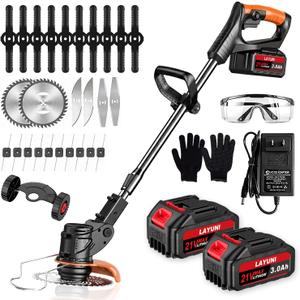 Cordless Weed Wacker with Wheels, 880W Battery Powered Weed Eater with 2 x 21V Batteries, 3-in-1 Electric Grass Trimmer & Brush Cutter with 5 Types Blades, Lightweight Weed Trimmer for Lawn & Garden