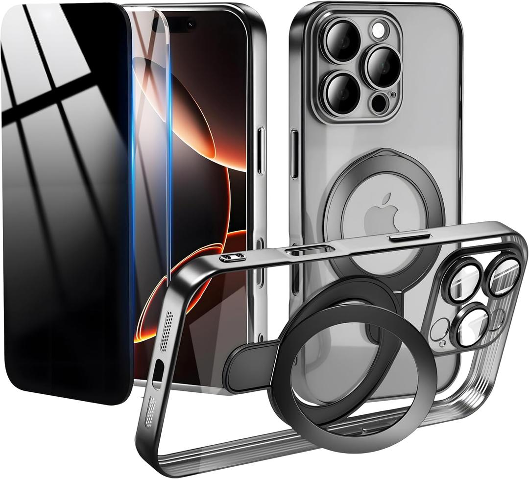 Privacy Case for iPhone 16 Pro Max with Magnetic Stand 1 HD & 1 Privacy Screen Protector, Full Camera Lens Protector Fits for MagSafe Shockproof Not Yellowing Luxury Plating Edge Clear Kickstand Case (Black)