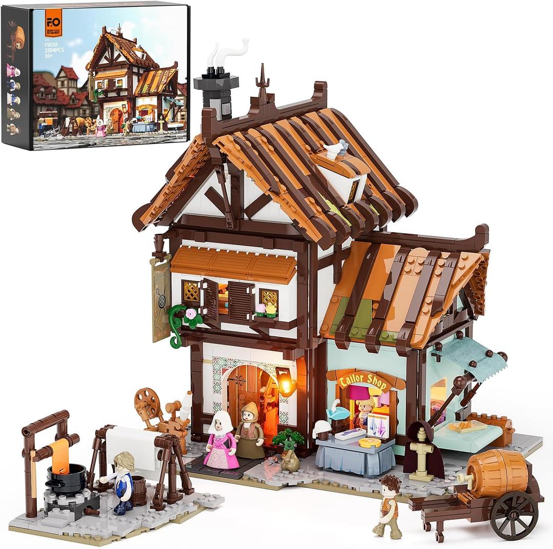 FUNWHOLE Medieval Tailor Shop Lighting Building Bricks Set - Middle Ages City Town Tailoring Studio Multi-Form Modular Collection Kit 1994 Pcs for Adults & Teens