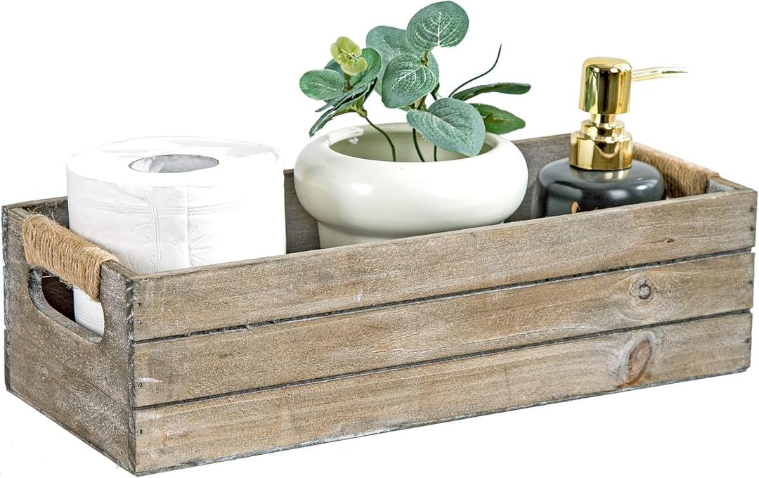 TIMRIS Rustic Wooden Toilet Paper Holder, Farmhouse Bathroom Decor, Toilet Tank Basket, Decorative Storage Container (Rustic Gray)