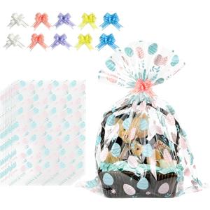EKAPACKAGING 10Pcs 30x40 Inches Jumbo Easter Basket Bags with Pull Ribbons, Easter Pastel Egg Pattern Cellophane Wrap for Gift Baskets, Large Easter Gift Bags for Toys & Trays