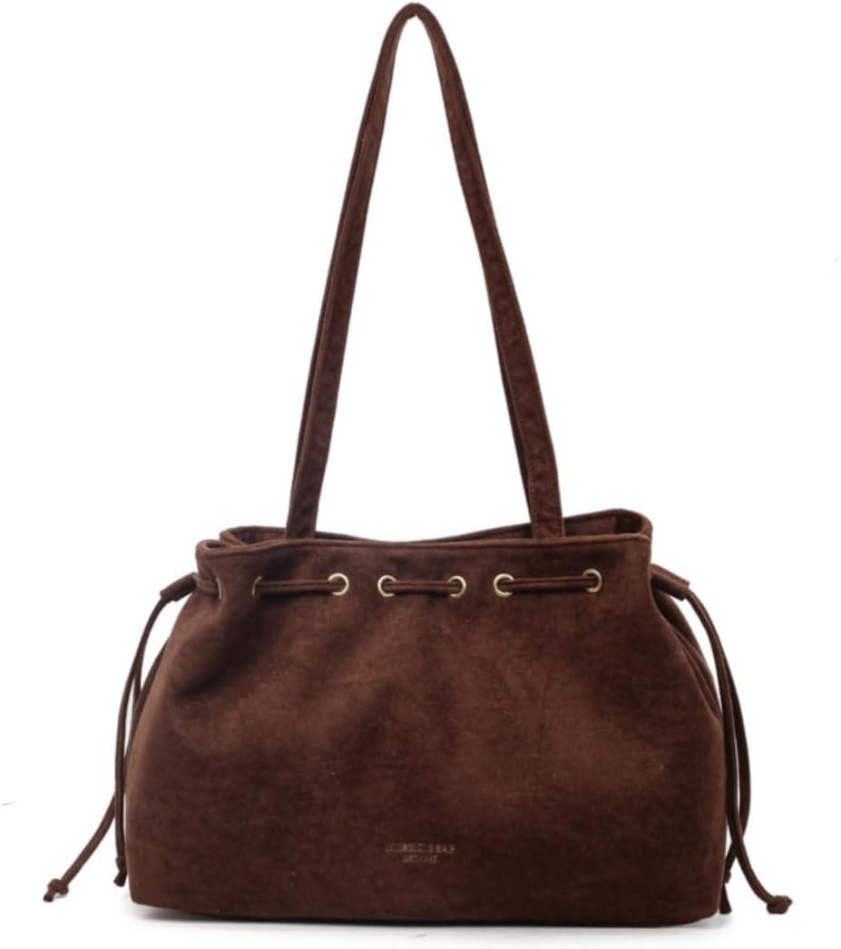 Retro Suede Bucket Purse Causal Travel College Crossbody Bag Drawstring Handbag Purse for Women Shouder Straps Tote (Coffee)