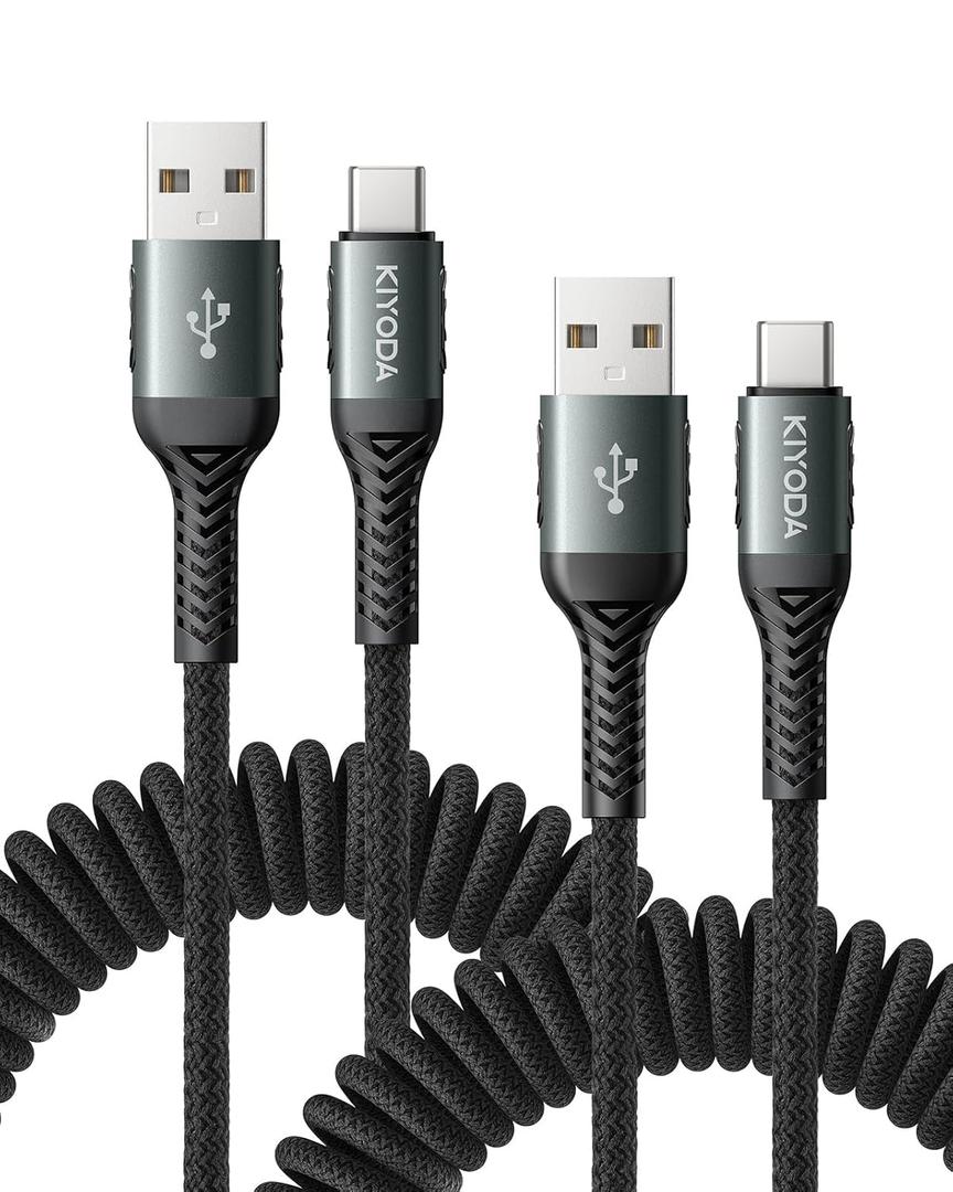 USB C Cable Coiled 3FT 2Pack, Braided USB A to Type C Charger Cable for Car 66W Fast Charging Cord Compatible with iPhone 16 15, iPad, Samsung Galaxy, Google Pixel, Moto, TCL, LG Phones (Black)