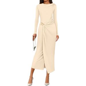PRETTYGARDEN Women's Fall Cocktail Holiday Midi Dresses (Beige, XL)