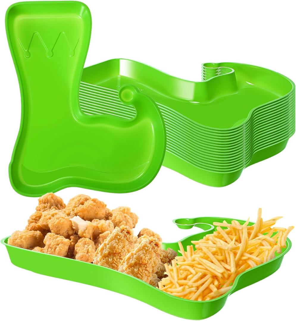 Uiifan Elf Themed Party Decorations, 24 Pcs Christmas Green Elf Boot Plates Disposable Plastic Serving Trays Xmas Party Supplies for Snacks