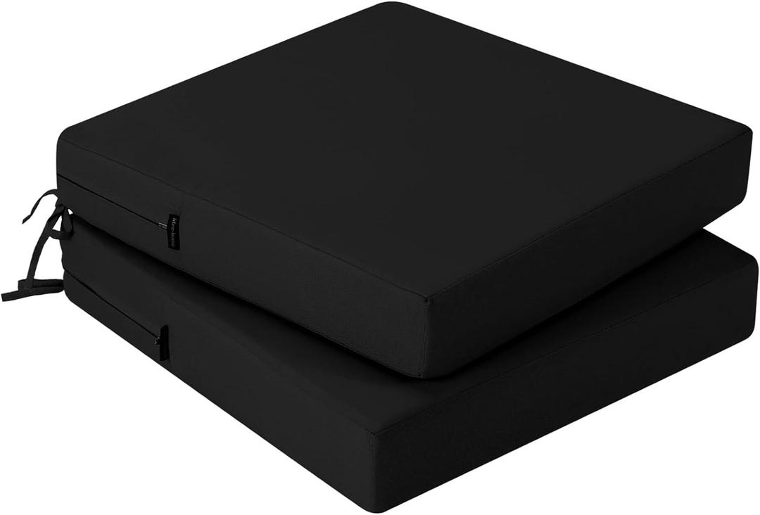 idee-home Outdoor Chair Cushions Set of 2, Waterproof Outdoor Seat Cushions for Patio Furniture, Outside Replacement Chair Pad with Ties for Lawn Deck Porch, 19 x 19 Black