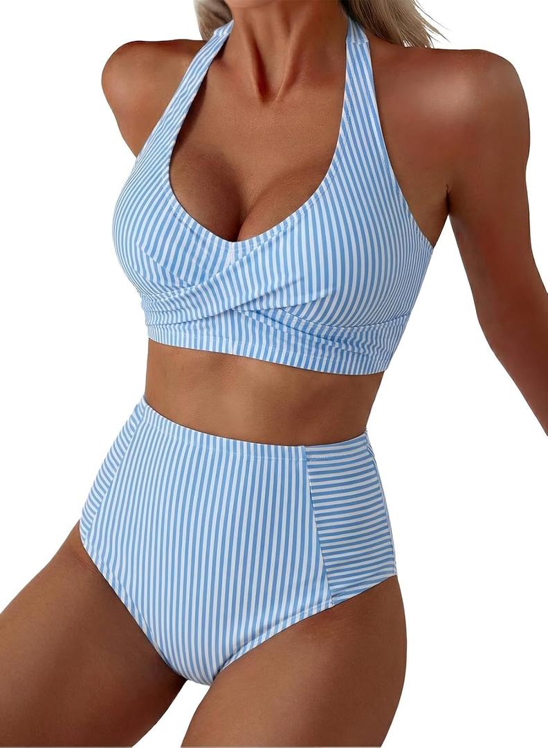 Herseas Women's High Waisted 2 Piece Bikini Sets Halter Patch Pocket Swimsuits 2026 Striped Bathing Suits Resort Wear, Small