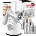 Geedel Rotary Cheese Grater Cheese Shredder - Upgraded 5-in-1 Cheese Grater with Handle and Strong Suction Base, Multi-purpose Vegetable Slicer Ice Shaver Nuts Grinder for Ice, Vegetables, Fruit, Nuts (Grey White)