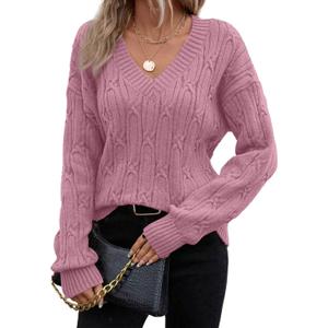 SHEWIN Womens Sweaters Casual V Neck Long Sleeve Cable Knit Crochet Sweater Spring Outfits for Women 2026 (Large, Pink)