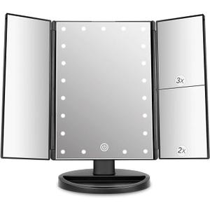 deweisn Tabletop Mount Trifold Lighted Vanity Mirror with 21 LED Lights, Touch Screen and 3X/2X/1X Magnification, Two Power Supply Mode Make up Mirror,Travel Mirror