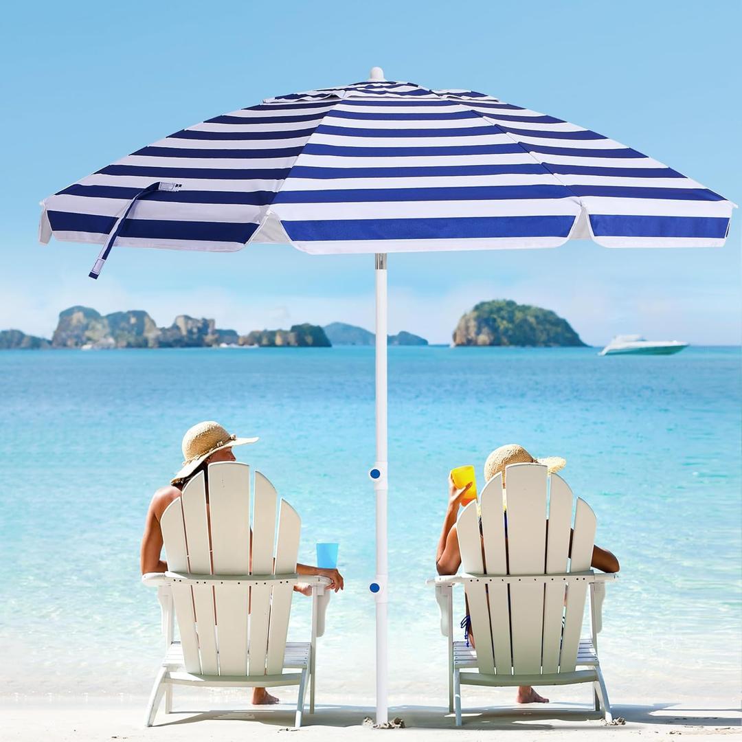MEWAY 8.5ft Beach Umbrella with Detachable Sand Anchor & Tilt Mechanism, Portable UV 50+ Protection, Outdoor Sunshade Umbrella with Carry Bag, for Garden Beach Outdoor (Navy-White Stripe)