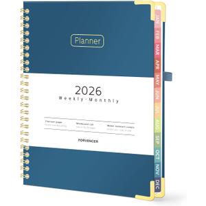 Forvencer 2026 Planner, Hardcover Calendar Planner Weekly and Monthly, Jan 2026 - Dec 2026, 6" x 8", Spiral Agenda Book with Tabs, Exquisite Daily Journal Organizer for Home School, Navy Blue