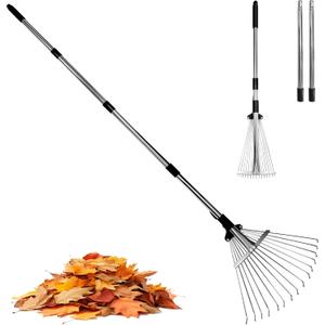 Garden Rake for Leaves, Heavy Duty Metal Adjustable Leaf Rake for Lawns, Long Handle 33"-69" with Expandable Head 8"-15", Garden Tools for Yard, Lawn, Shrub Garden Beds