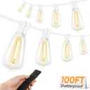 Brightever 100FT Outdoor String Lights with Remote, Dimmable LED Patio Lights with 32 ST38 Shatterproof Vintage Bulbs, 2700K Warm White 3 Modes 2 Timer Outside Light for Yard, Deck, Cafe, White