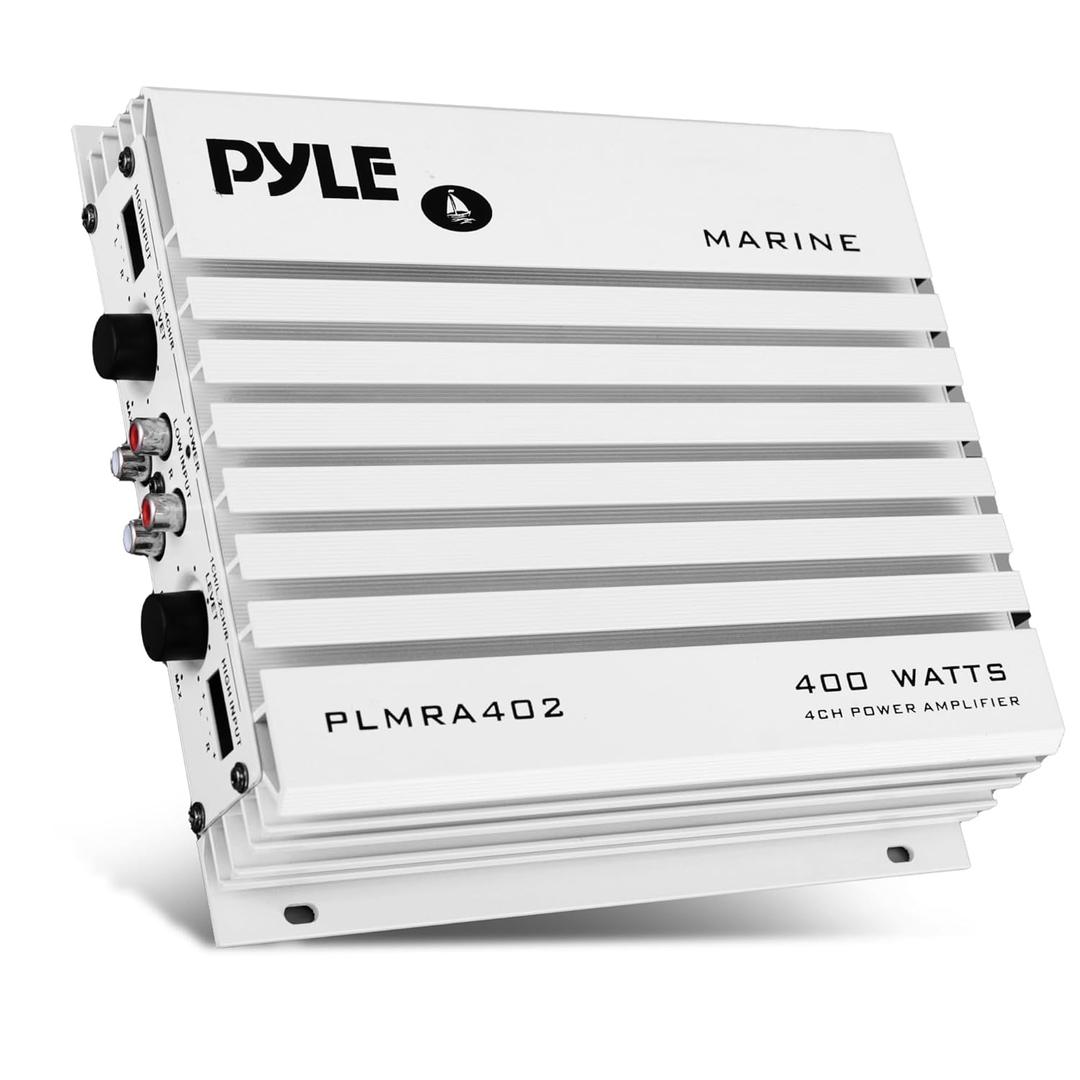 Pyle Hydra Marine 400W 4-Channel Amplifier - Waterproof with Dual MOSFET Power Supply - GAIN level Controls - RCA Input - LED Indicator - Compact Design for Boat/Vehicle Audio - PLMRA402
