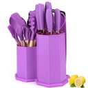 Kitchen Cooking Utensils and Knife Set with Holder Block, 19 Pieces Cooks Cutting Set 11 Pcs Silicone Cooking Utensils Sharp Stainless Steel Knives Scissors Whisk Tongs and Cutting Board (Purple)