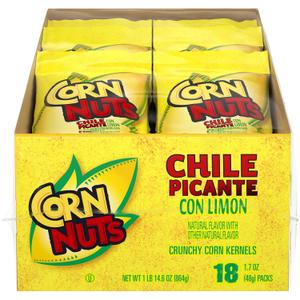 CORN NUTS Chile Picante con Limon Flavored Corn Kernels, Crunchy Corn Snacks, Snack Box, Variety Packs, Food for Adults, 1.7oz. (Pack of 18), BB 06/09/26