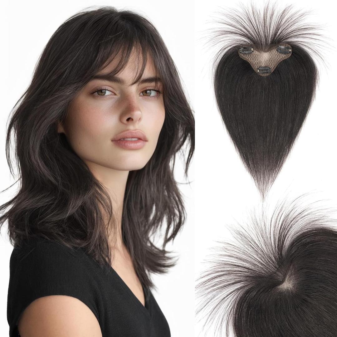 Hairro Clip In Bangs Wispy Hair Toppers For Women Remy Human Hair Short Thin Topper Hairpieces 3D Cover Clip On Fake Air Bang 11 Inches 14.5g #1B Natural Black