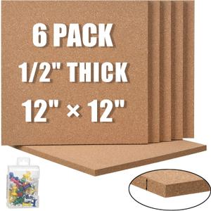 SUNGIFT Cork Board 12"x12" - 1/2" Thick Square Bulletin Boards 6 Pack Cork Tiles with 50 Push Pins Mini Wall Self-Adhesive Corkboards Tiles for Wall
