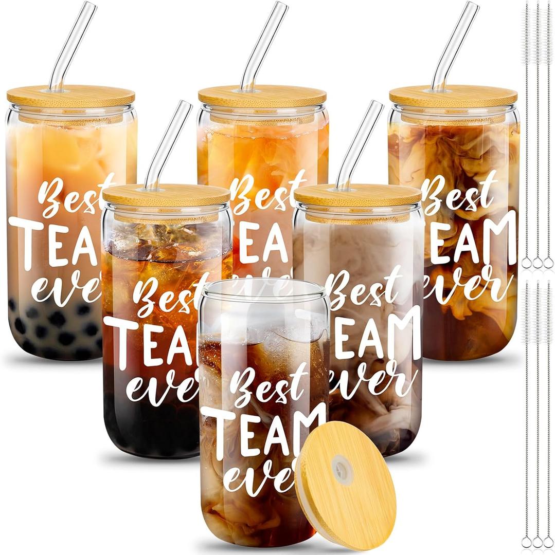 6 Set Employee Appreciation Gifts Glass Cups Bulk Thank You Gifts for Team Coworkers Staff Teachers and Nurses 16 oz Can Shaped Glass Cups with Bamboo Lids and Straws(Novelty Style)